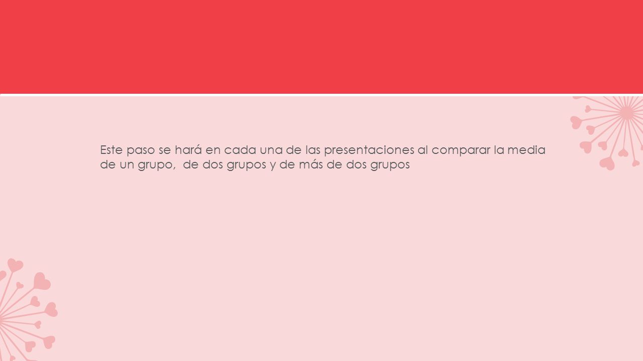 Este paso se hará en cada una de las presentaciones al comparar la media de un grupo, de dos grupos y de más de dos grupos
