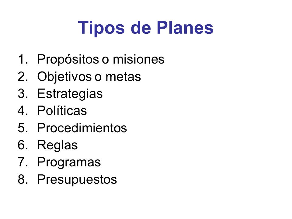 Tipos de Planes Propósitos o misiones Objetivos o metas Estrategias