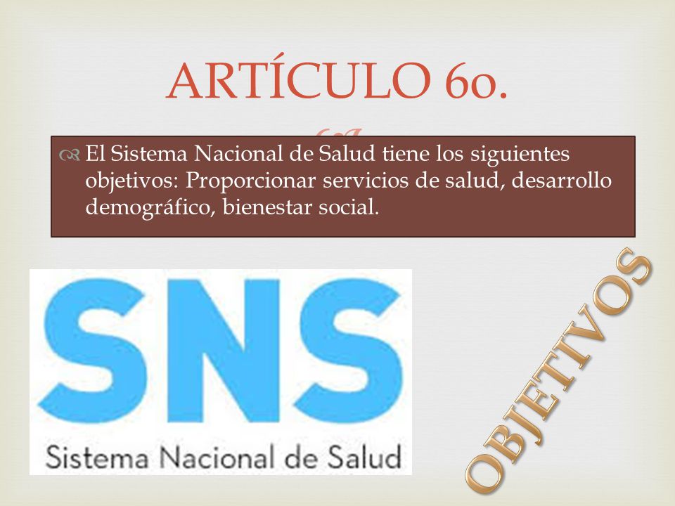 ARTÍCULO 6o. El Sistema Nacional de Salud tiene los siguientes objetivos: Proporcionar servicios de salud, desarrollo demográfico, bienestar social.