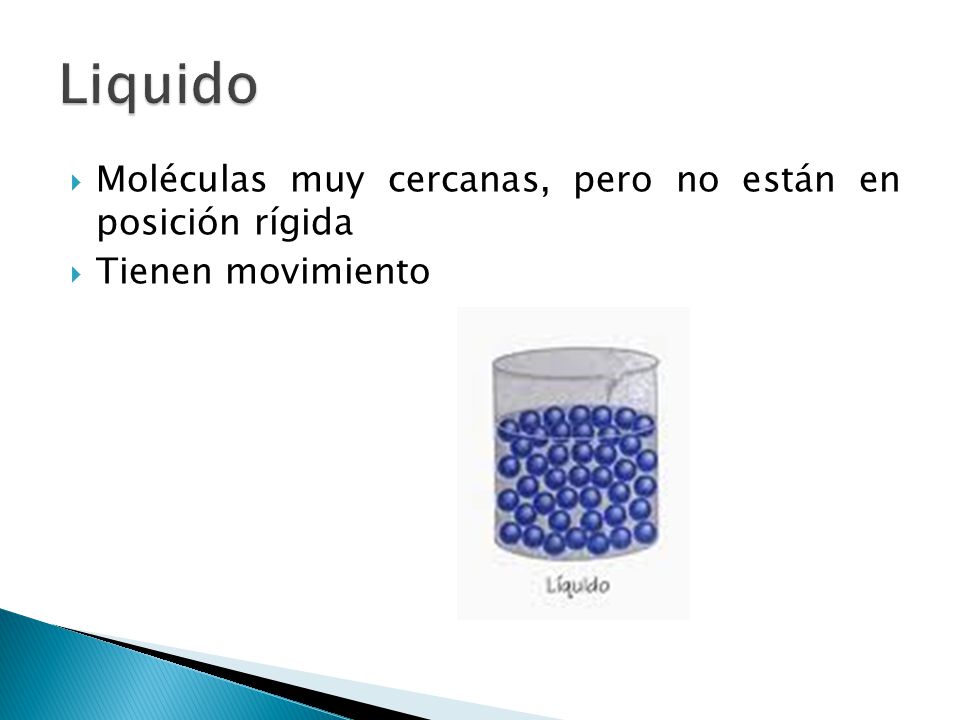 Liquido Moléculas muy cercanas, pero no están en posición rígida
