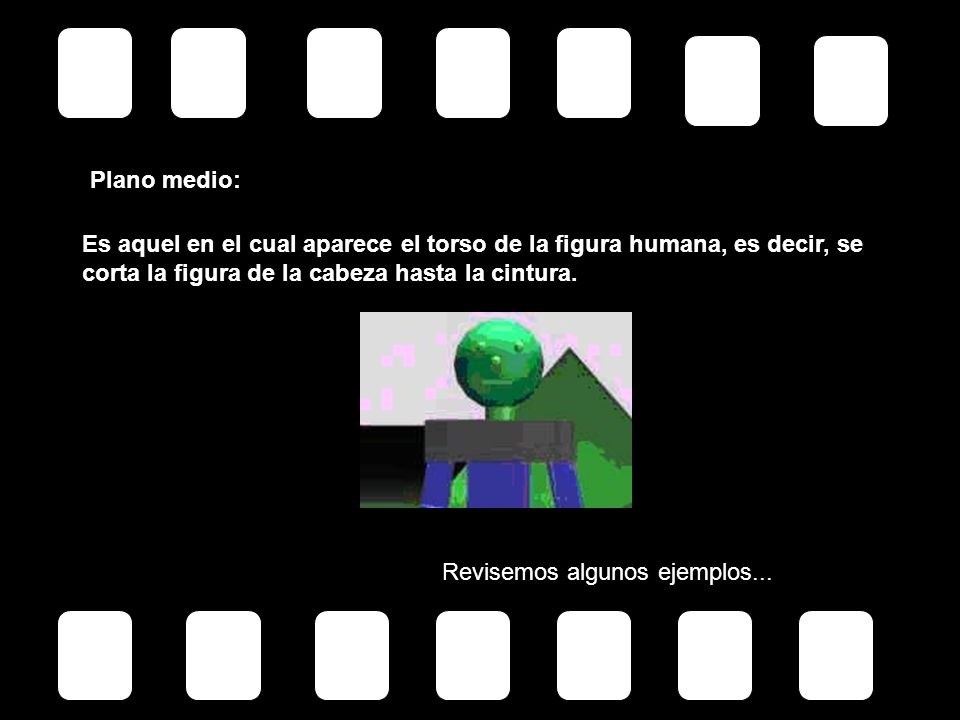 Plano medio: Es aquel en el cual aparece el torso de la figura humana, es decir, se corta la figura de la cabeza hasta la cintura.