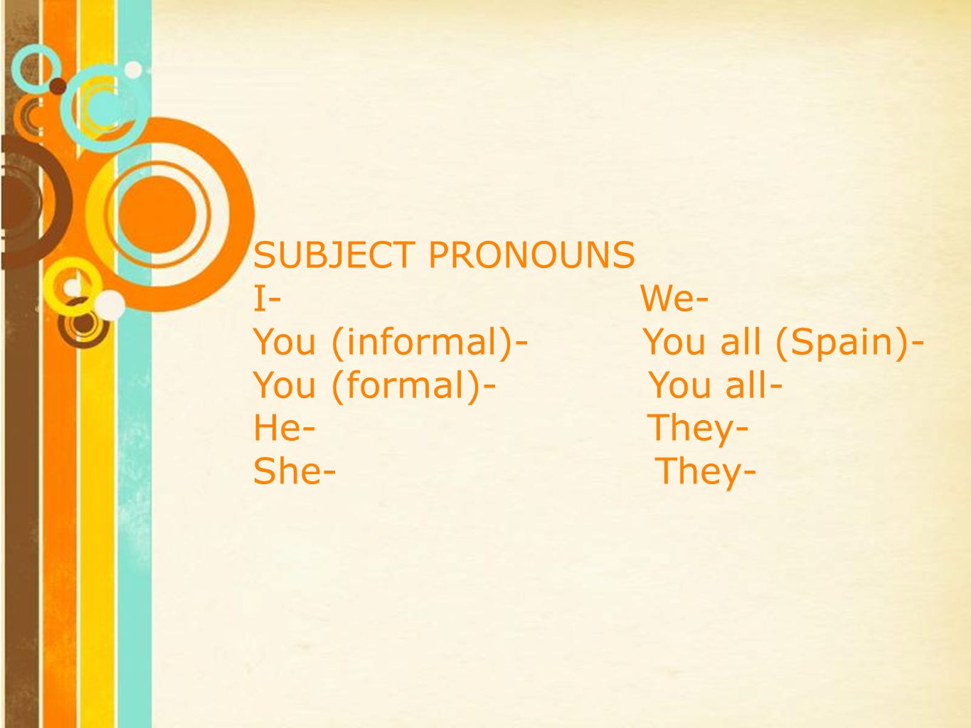 SUBJECT PRONOUNS I- We- You (informal)- You all (Spain)- You (formal)- You all-