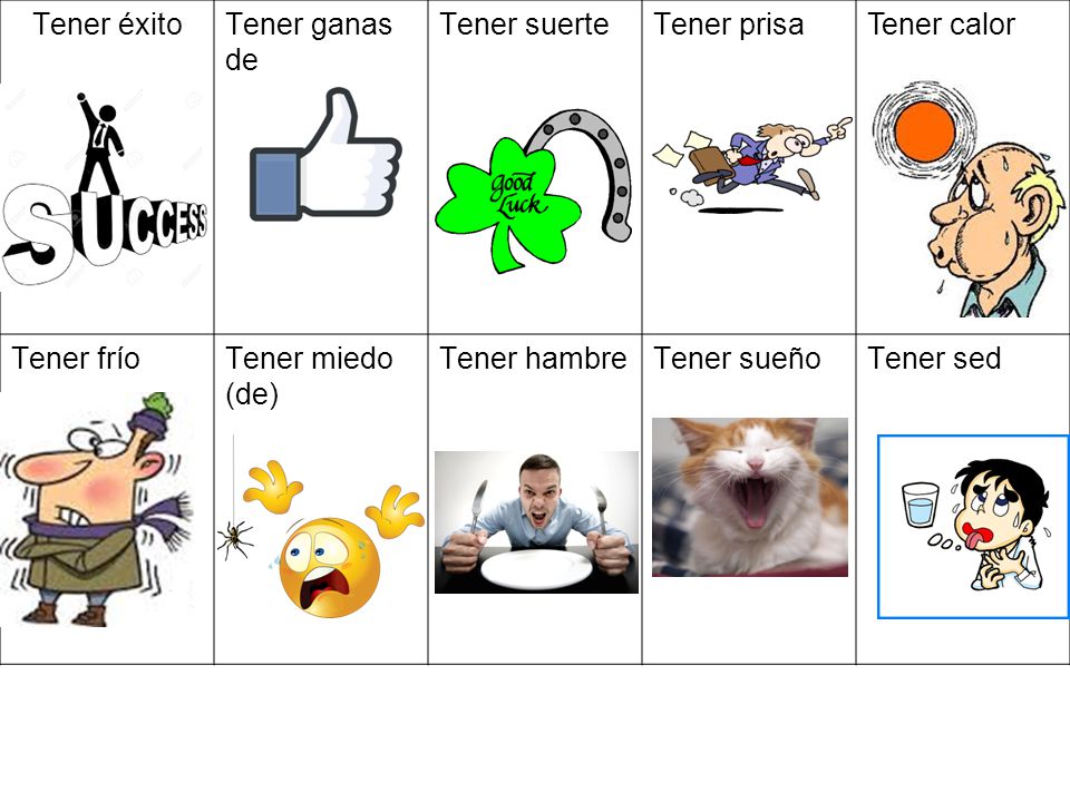 Tener éxito Tener ganas de. Tener suerte. Tener prisa. Tener calor. Tener frío. Tener miedo (de)