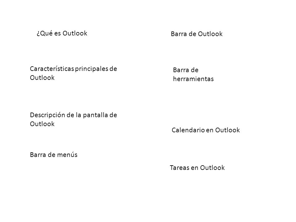 ¿Qué es Outlook Barra de Outlook. Características principales de Outlook. Barra de herramientas. Descripción de la pantalla de Outlook.