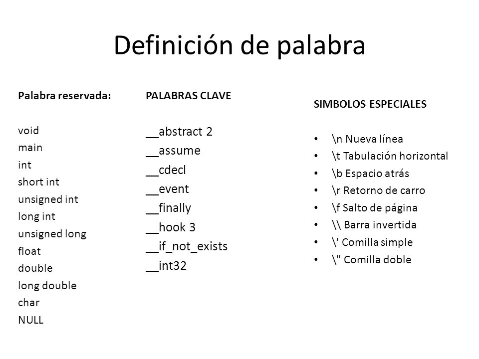 Definición de palabra __abstract 2 __assume __cdecl __event __finally