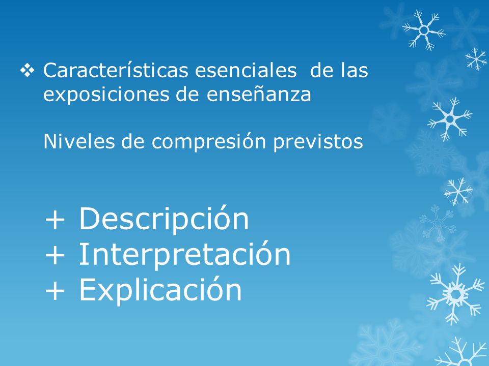 Características esenciales de las exposiciones de enseñanza Niveles de compresión previstos + Descripción + Interpretación + Explicación