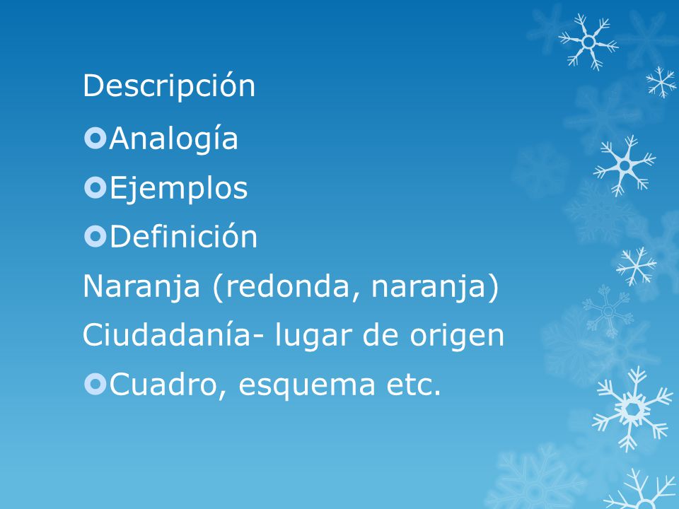 Descripción Analogía. Ejemplos. Definición. Naranja (redonda, naranja) Ciudadanía- lugar de origen.