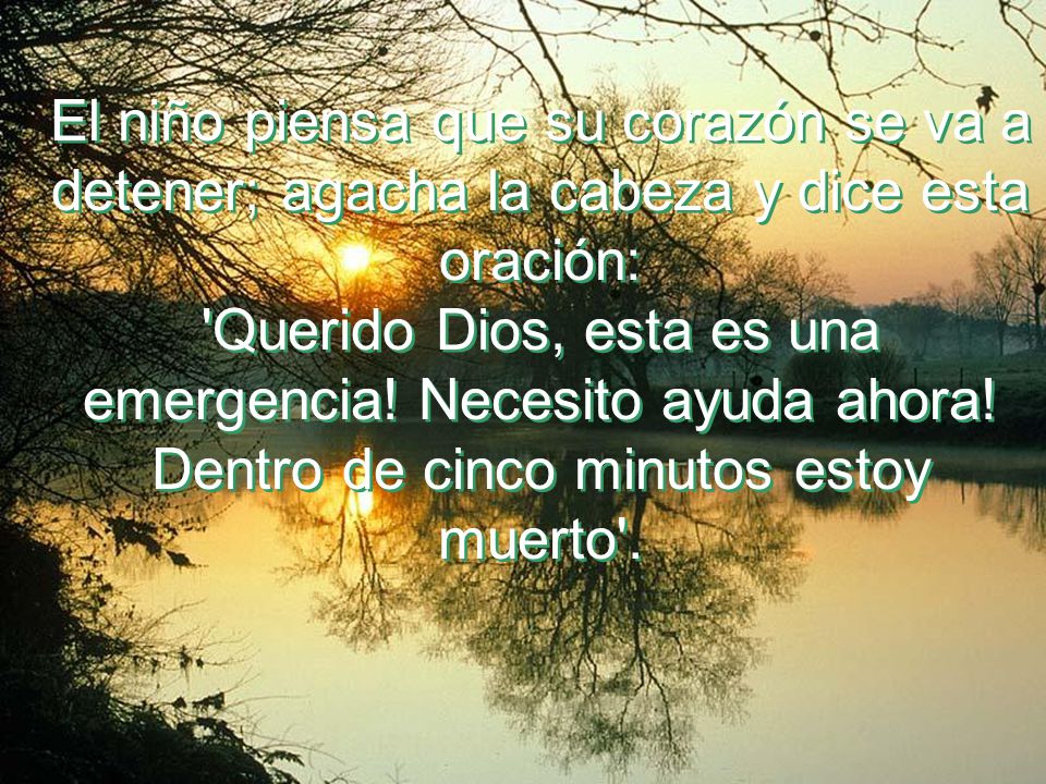 El niño piensa que su corazón se va a detener; agacha la cabeza y dice esta oración: Querido Dios, esta es una emergencia.