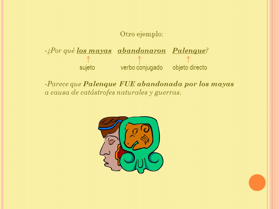 Otro ejemplo: ¿Por qué los mayas abandonaron Palenque sujeto verbo conjugado objeto directo.