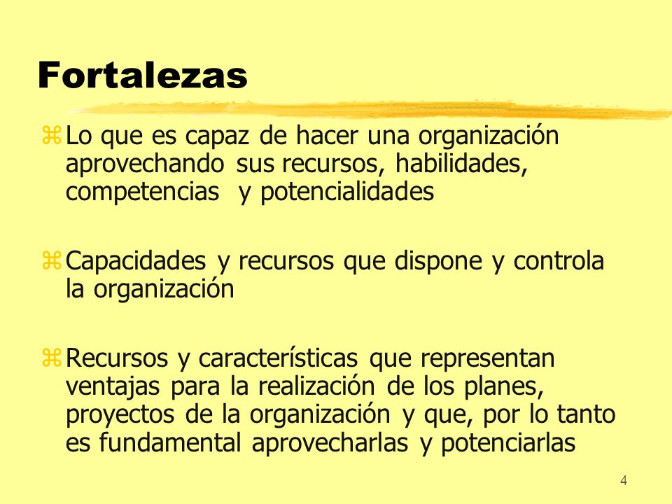 Fortalezas Lo que es capaz de hacer una organización aprovechando sus recursos, habilidades, competencias y potencialidades.
