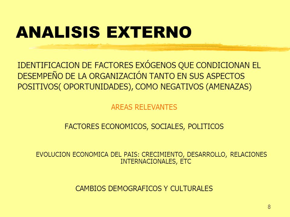 ANALISIS EXTERNO IDENTIFICACION DE FACTORES EXÓGENOS QUE CONDICIONAN EL. DESEMPEÑO DE LA ORGANIZACIÓN TANTO EN SUS ASPECTOS.
