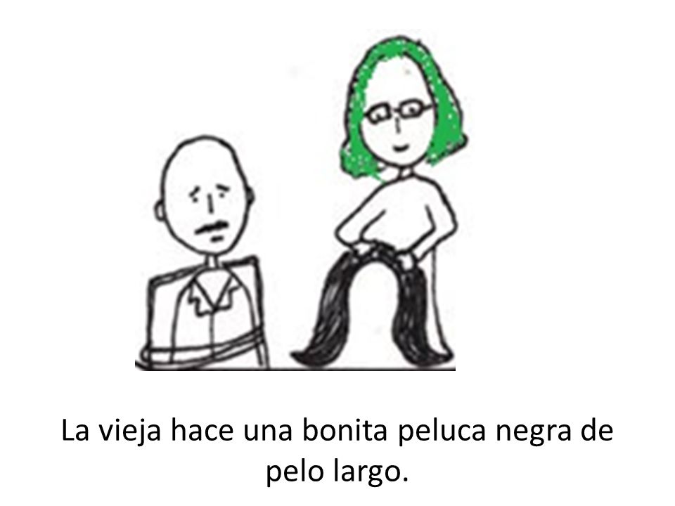 La vieja hace una bonita peluca negra de pelo largo.