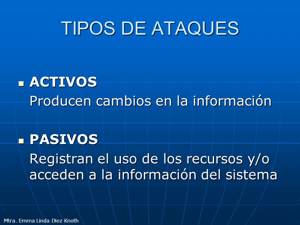 TIPOS DE ATAQUES ACTIVOS Producen cambios en la información PASIVOS