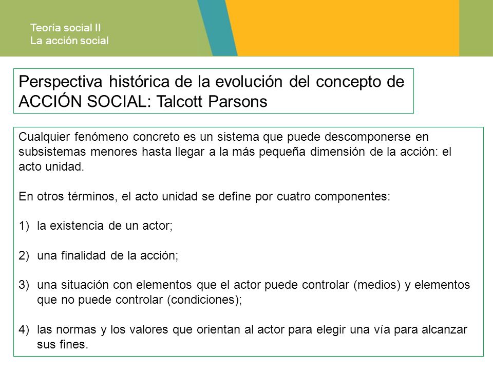 Teoría social II La acción social. Perspectiva histórica de la evolución del concepto de ACCIÓN SOCIAL: Talcott Parsons.