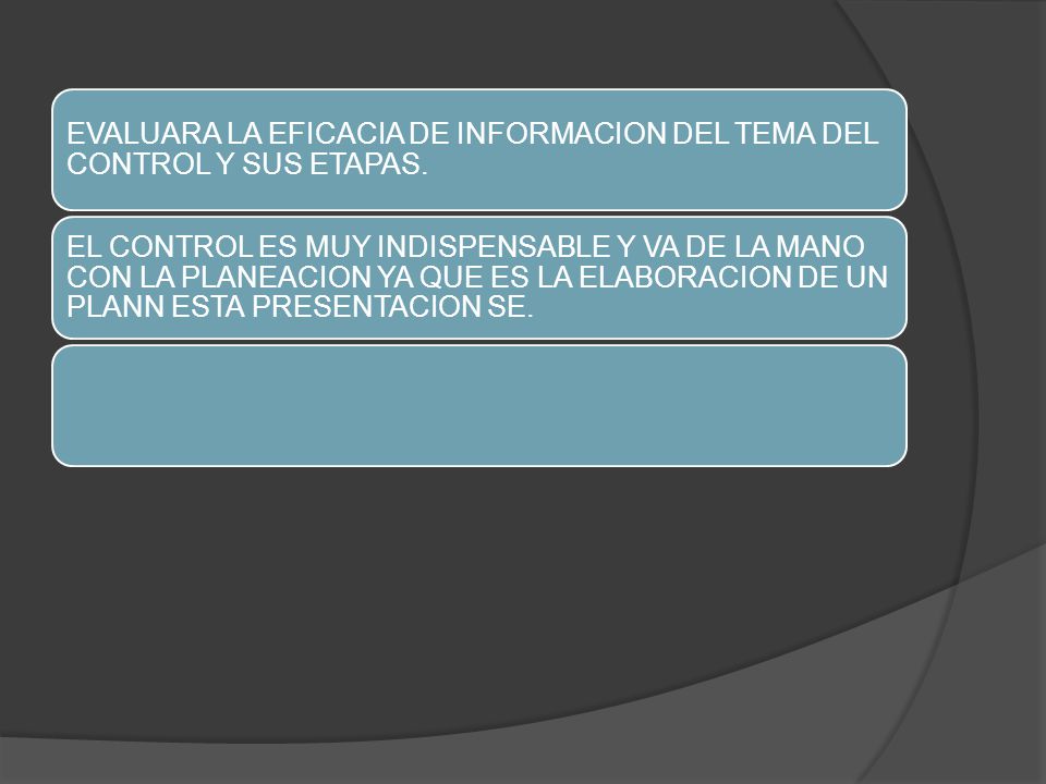 EVALUARA LA EFICACIA DE INFORMACION DEL TEMA DEL CONTROL Y SUS ETAPAS.