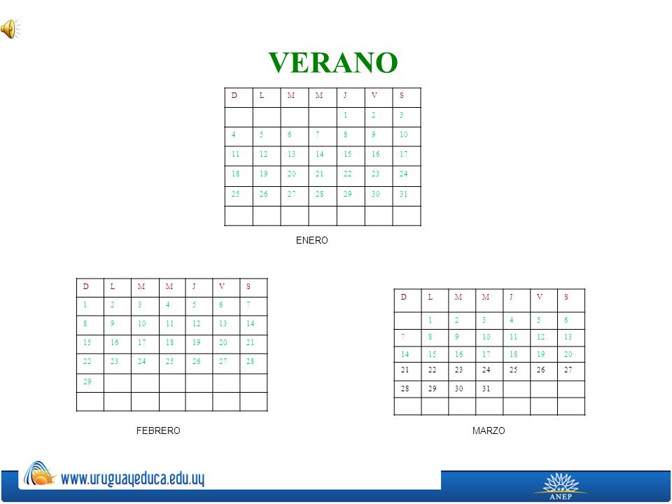 VERANO ENERO FEBRERO MARZO D L M J V S