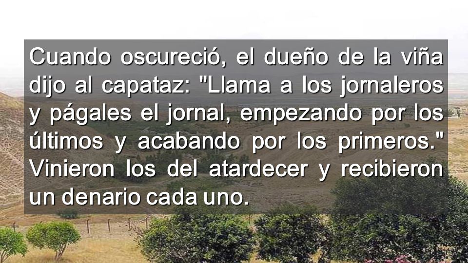 Cuando oscureció, el dueño de la viña dijo al capataz: Llama a los jornaleros y págales el jornal, empezando por los últimos y acabando por los primeros. Vinieron los del atardecer y recibieron un denario cada uno.