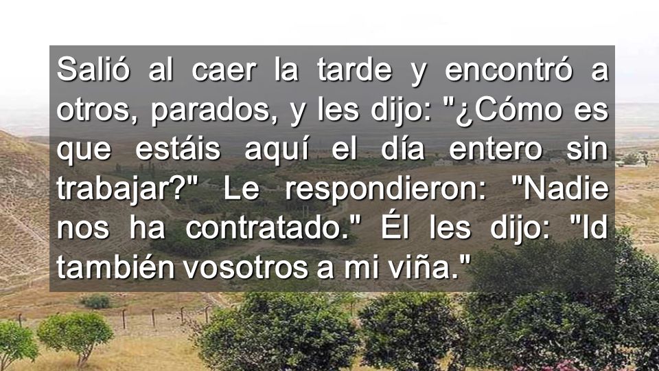 Salió al caer la tarde y encontró a otros, parados, y les dijo: ¿Cómo es que estáis aquí el día entero sin trabajar Le respondieron: Nadie nos ha contratado. Él les dijo: Id también vosotros a mi viña.