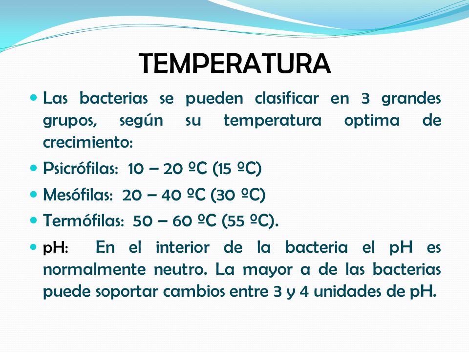 TEMPERATURA Las bacterias se pueden clasificar en 3 grandes grupos, según su temperatura optima de crecimiento: