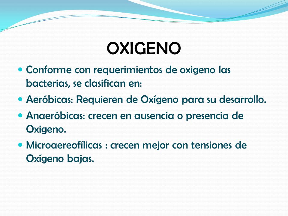 OXIGENO Conforme con requerimientos de oxigeno las bacterias, se clasifican en: Aeróbicas: Requieren de Oxígeno para su desarrollo.