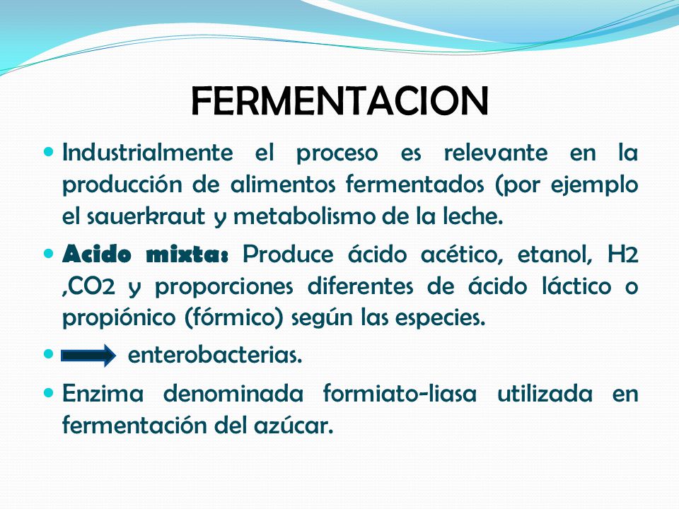 FERMENTACION Industrialmente el proceso es relevante en la producción de alimentos fermentados (por ejemplo el sauerkraut y metabolismo de la leche.