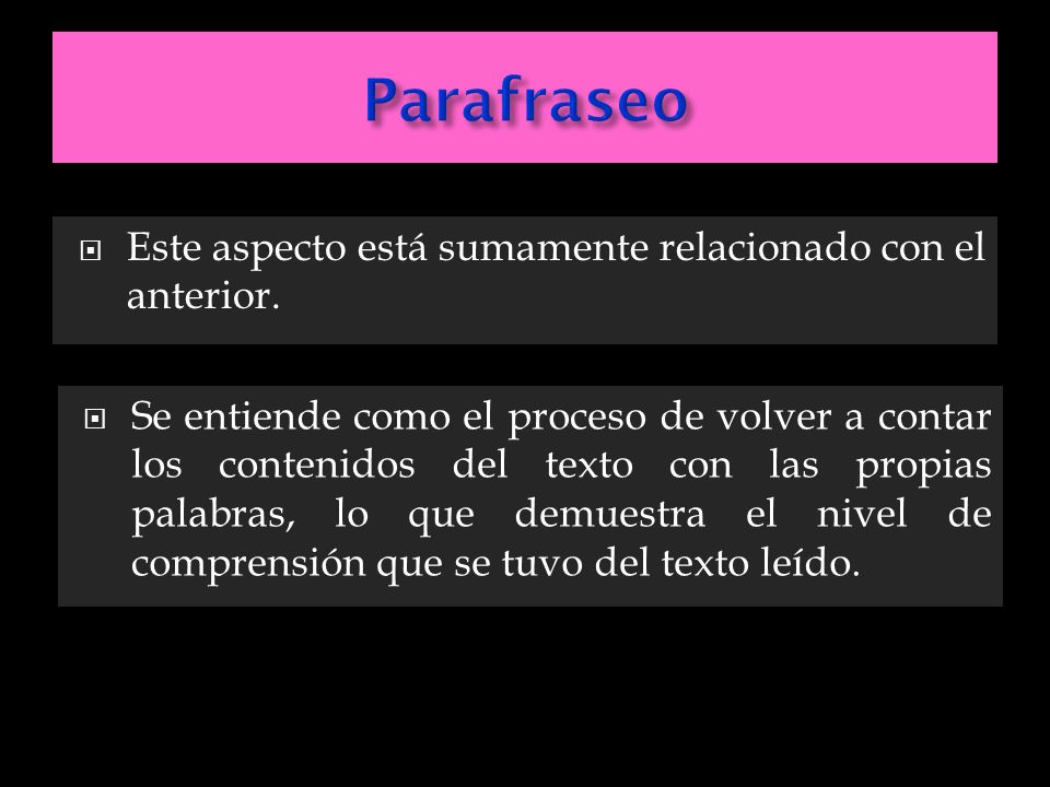 Parafraseo Este aspecto está sumamente relacionado con el anterior.
