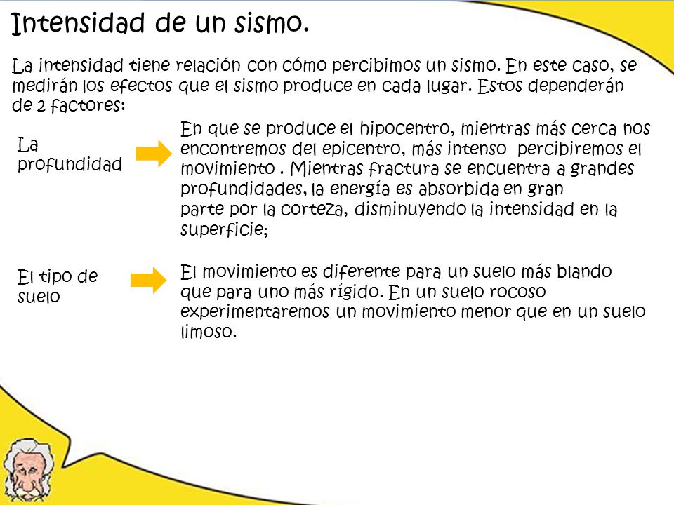 Intensidad de un sismo. La intensidad tiene relación con cómo percibimos un sismo. En este caso, se.