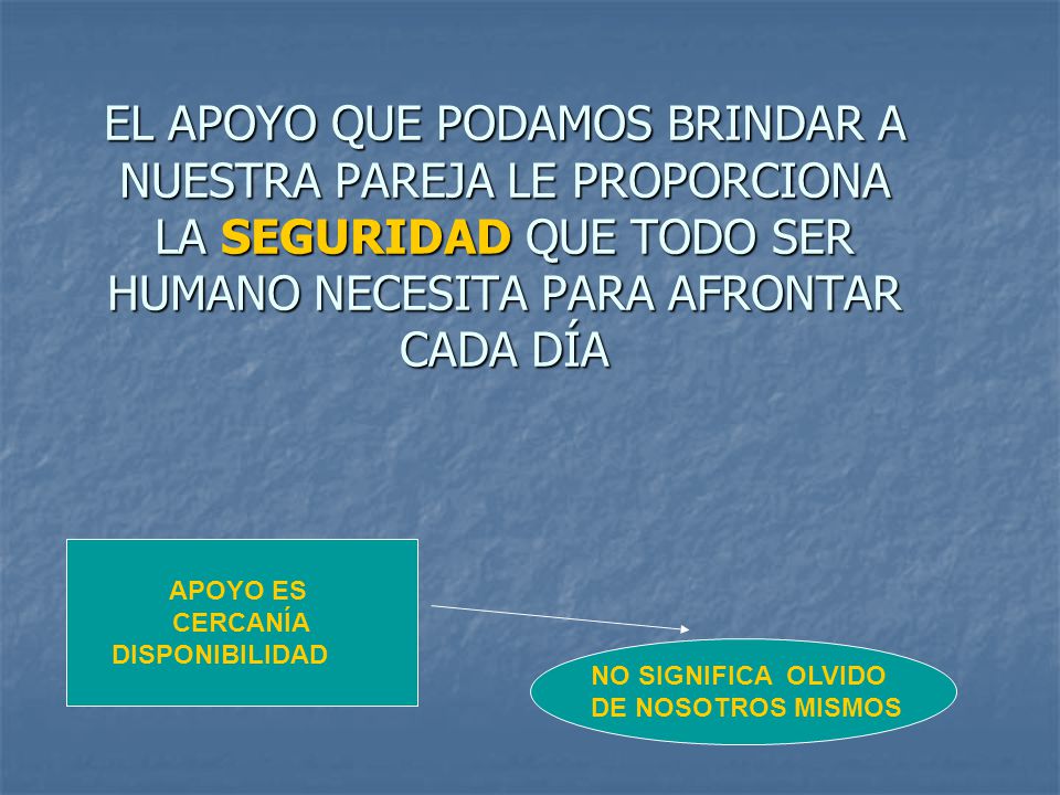 EL APOYO QUE PODAMOS BRINDAR A NUESTRA PAREJA LE PROPORCIONA LA SEGURIDAD QUE TODO SER HUMANO NECESITA PARA AFRONTAR CADA DÍA