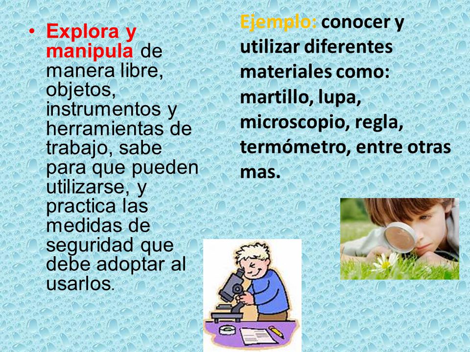 Ejemplo: conocer y utilizar diferentes materiales como: martillo, lupa, microscopio, regla, termómetro, entre otras mas.