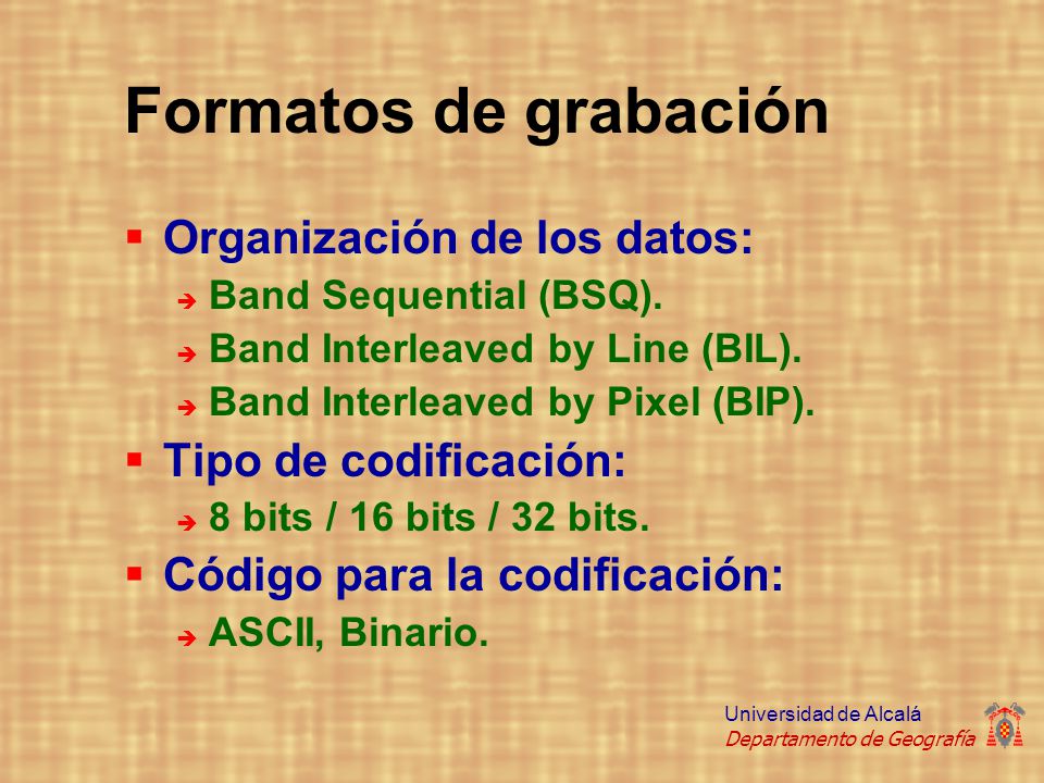 Formatos de grabación Organización de los datos: Tipo de codificación: