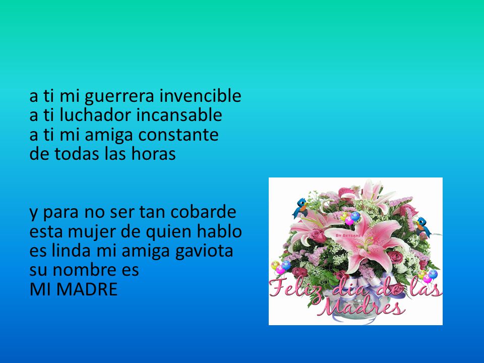 a ti mi guerrera invencible a ti luchador incansable a ti mi amiga constante de todas las horas y para no ser tan cobarde esta mujer de quien hablo es linda mi amiga gaviota su nombre es MI MADRE