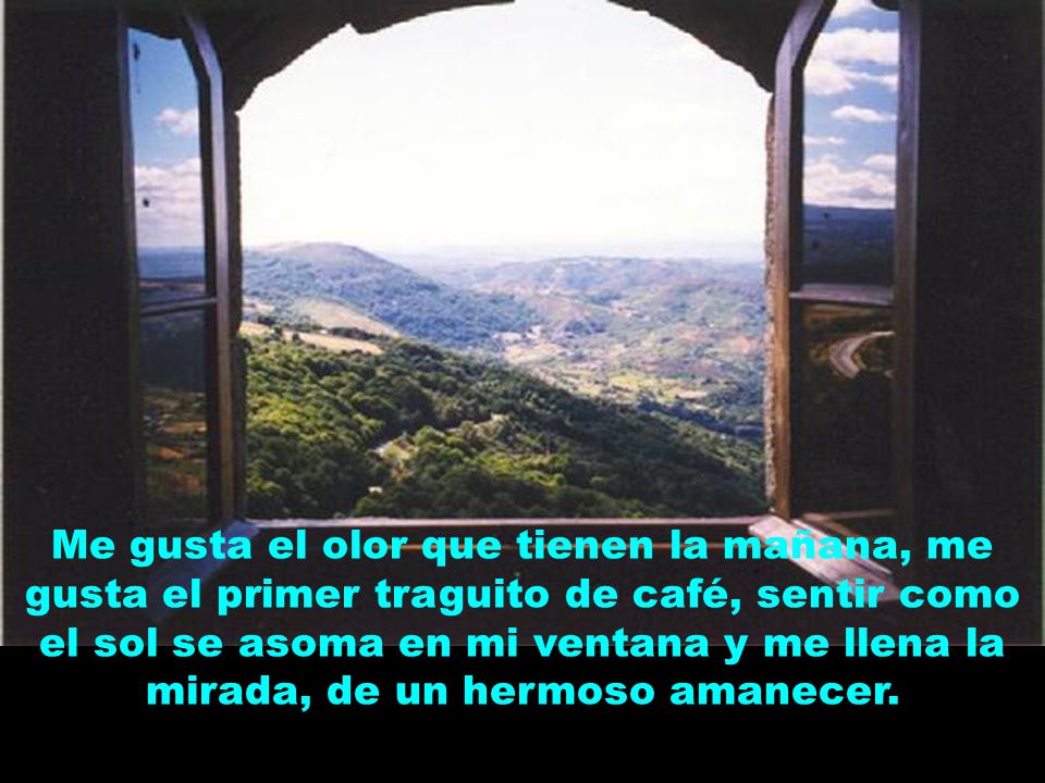 Me gusta el olor que tienen la mañana, me gusta el primer traguito de café, sentir como el sol se asoma en mi ventana y me llena la mirada, de un hermoso amanecer.
