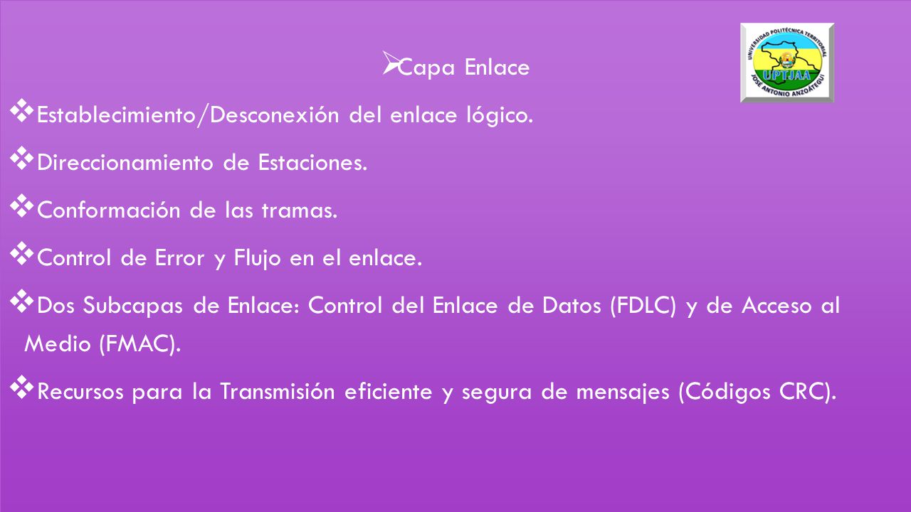 Capa Enlace Establecimiento/Desconexión del enlace lógico. Direccionamiento de Estaciones. Conformación de las tramas.
