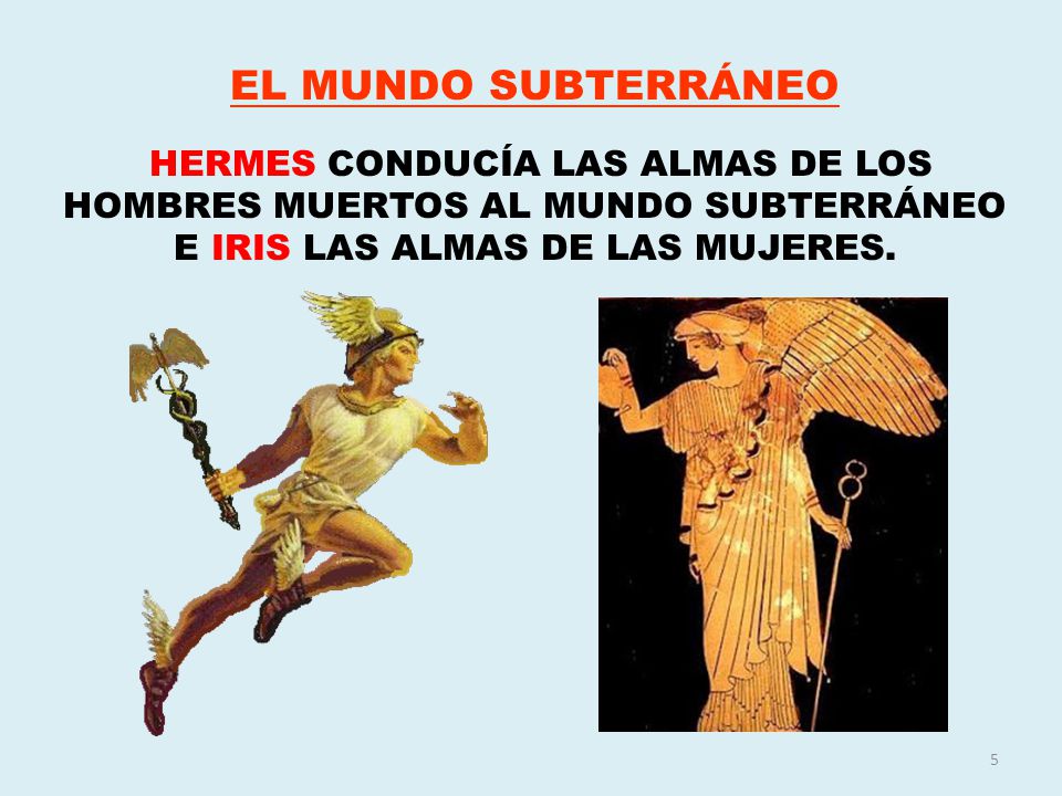 EL MUNDO SUBTERRÁNEO HERMES CONDUCÍA LAS ALMAS DE LOS HOMBRES MUERTOS AL MUNDO SUBTERRÁNEO E IRIS LAS ALMAS DE LAS MUJERES.