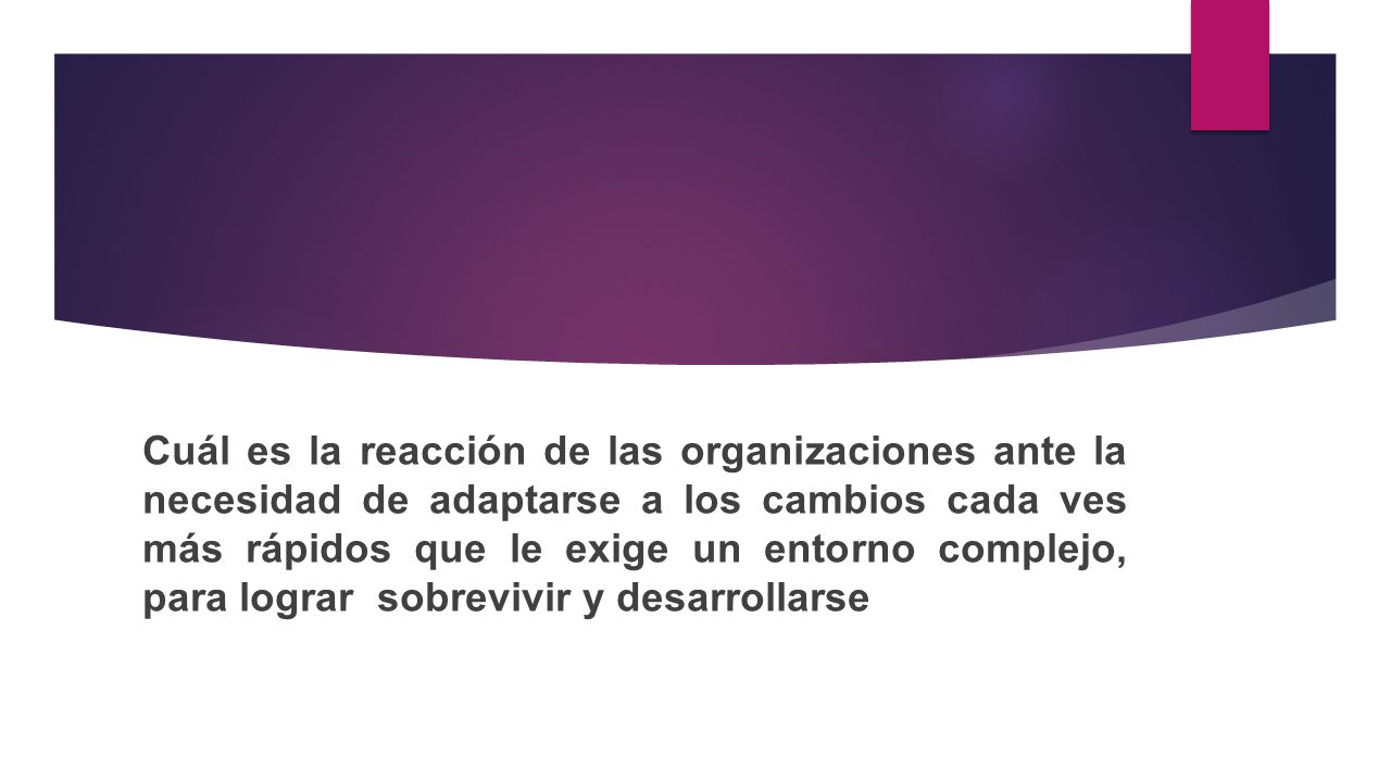 Cuál es la reacción de las organizaciones ante la necesidad de adaptarse a los cambios cada ves más rápidos que le exige un entorno complejo, para lograr sobrevivir y desarrollarse