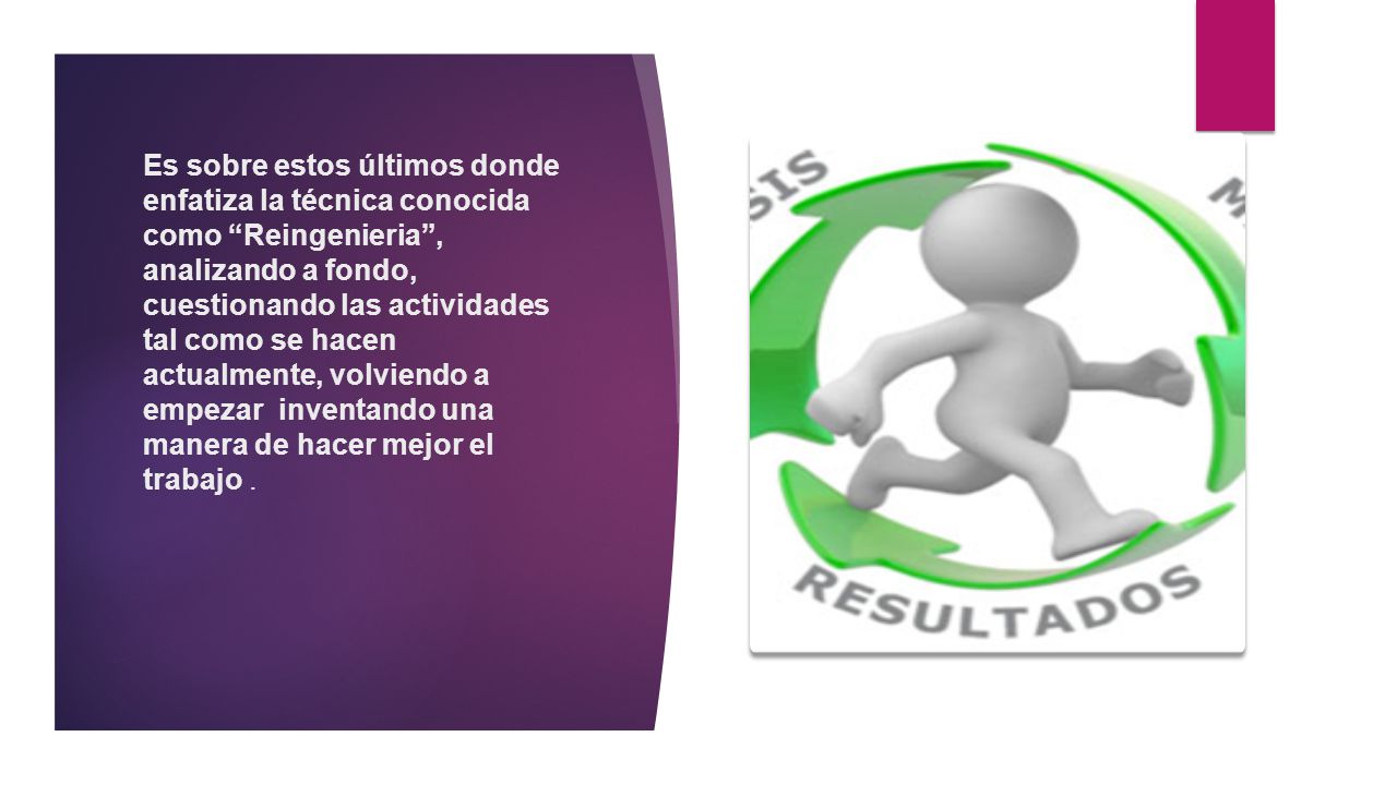Es sobre estos últimos donde enfatiza la técnica conocida como Reingenieria , analizando a fondo, cuestionando las actividades tal como se hacen actualmente, volviendo a empezar inventando una manera de hacer mejor el trabajo .