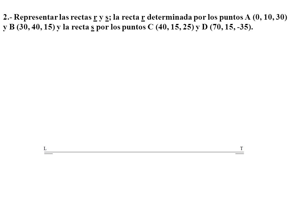 2.- Representar las rectas r y s; la recta r determinada por los puntos A (0, 10, 30) y B (30, 40, 15) y la recta s por los puntos C (40, 15, 25) y D (70, 15, -35).