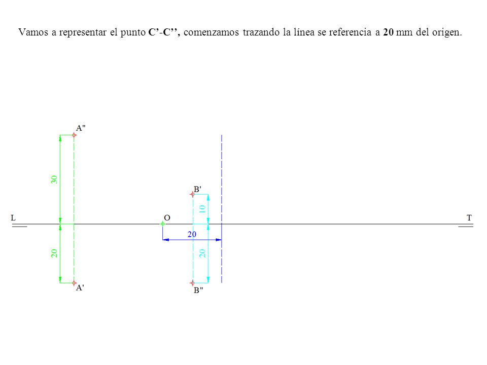 Vamos a representar el punto C’-C’’, comenzamos trazando la línea se referencia a 20 mm del origen.