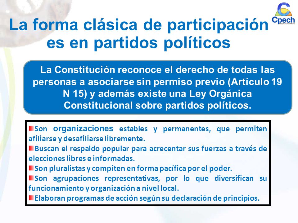 La forma clásica de participación es en partidos políticos