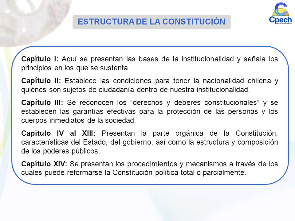 Capítulo I: Aquí se presentan las bases de la institucionalidad y señala los principios en los que se sustenta.