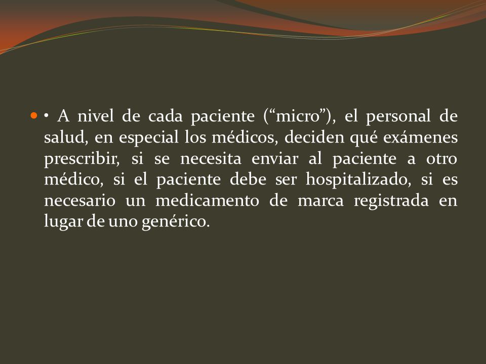 • A nivel de cada paciente ( micro ), el personal de salud, en especial los médicos, deciden qué exámenes prescribir, si se necesita enviar al paciente a otro médico, si el paciente debe ser hospitalizado, si es necesario un medicamento de marca registrada en lugar de uno genérico.