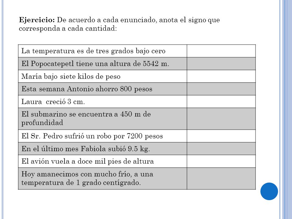 Ejercicio: De acuerdo a cada enunciado, anota el signo que corresponda a cada cantidad: