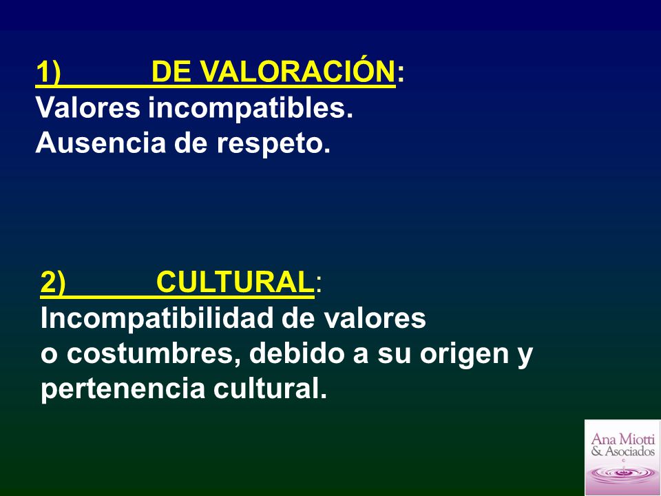 1) DE VALORACIÓN: Valores incompatibles. Ausencia de respeto. 2) CULTURAL: Incompatibilidad de valores.