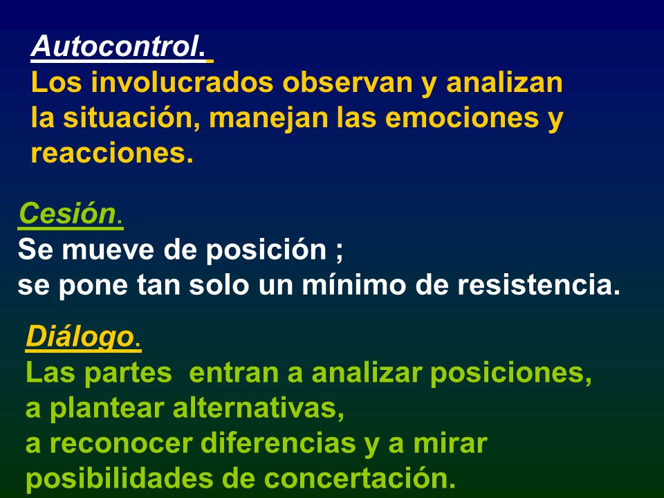 Autocontrol. Los involucrados observan y analizan. la situación, manejan las emociones y. reacciones.