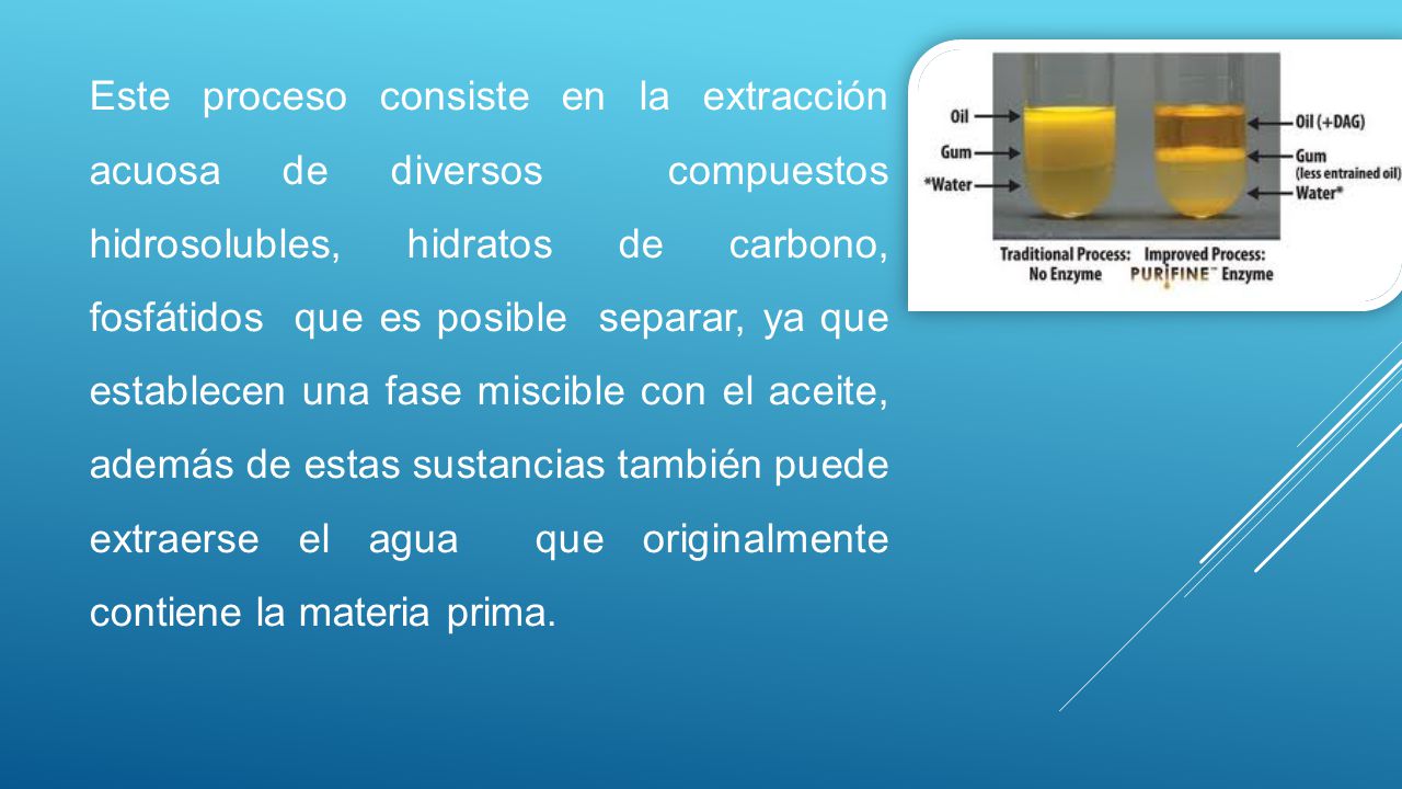 Este proceso consiste en la extracción acuosa de diversos compuestos hidrosolubles, hidratos de carbono, fosfátidos que es posible separar, ya que establecen una fase miscible con el aceite, además de estas sustancias también puede extraerse el agua que originalmente contiene la materia prima.