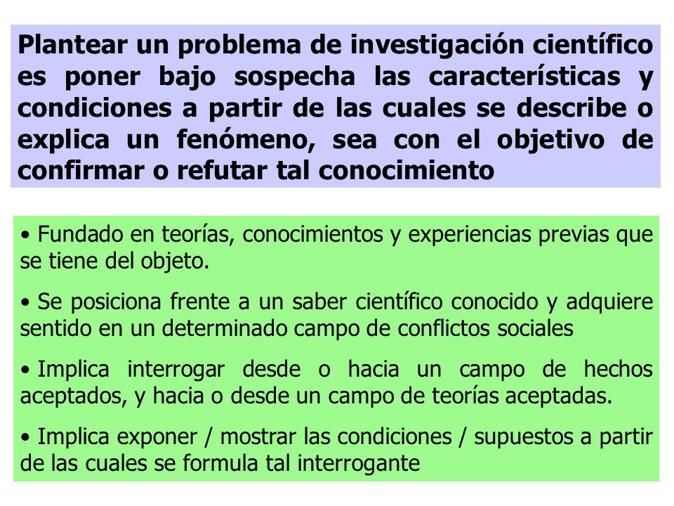 Plantear un problema de investigación científico es poner bajo sospecha las características y condiciones a partir de las cuales se describe o explica un fenómeno, sea con el objetivo de confirmar o refutar tal conocimiento