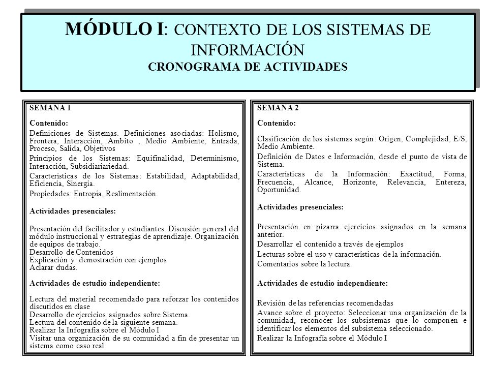 MÓDULO I: CONTEXTO DE LOS SISTEMAS DE INFORMACIÓN CRONOGRAMA DE ACTIVIDADES