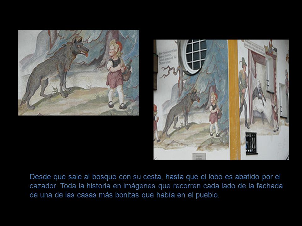 Desde que sale al bosque con su cesta, hasta que el lobo es abatido por el cazador.