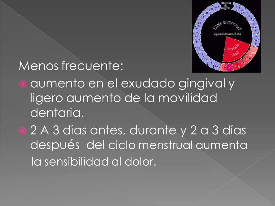 Menos frecuente: aumento en el exudado gingival y ligero aumento de la movilidad dentaria.
