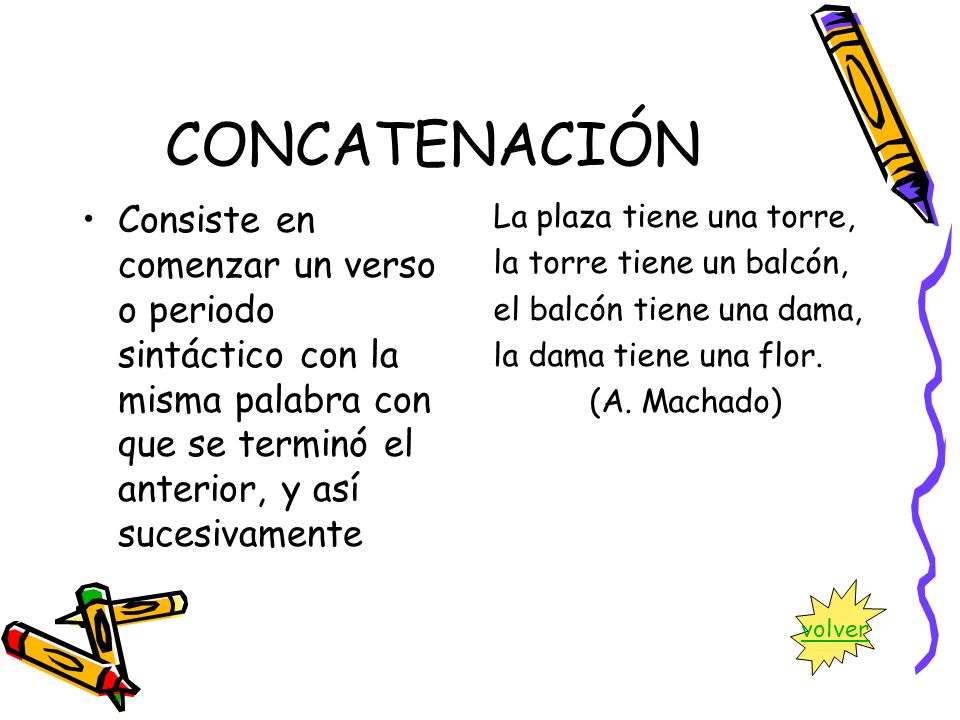 CONCATENACIÓN Consiste en comenzar un verso o periodo sintáctico con la misma palabra con que se terminó el anterior, y así sucesivamente.